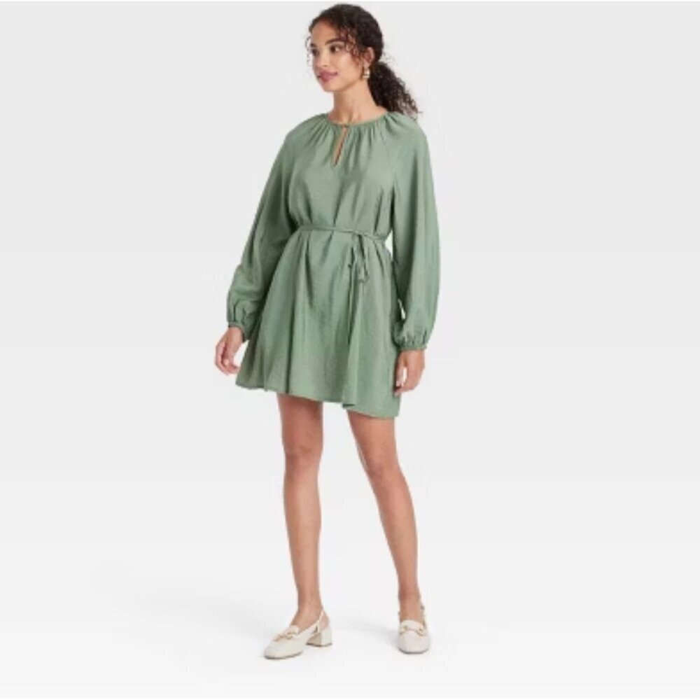 A. New Day Women's Ballon Long Sleeve Belted Mini Dress olive size XL NWT